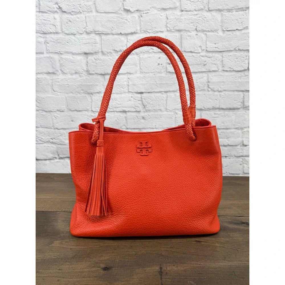 Tory Burch Taylor Tote Bag Coral Red Pebbled Leather Purse Tassel Dust Bag